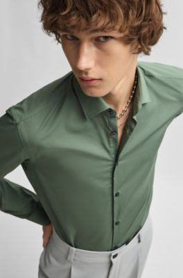 Slim-fit business shirt in cotton poplin, Light Green