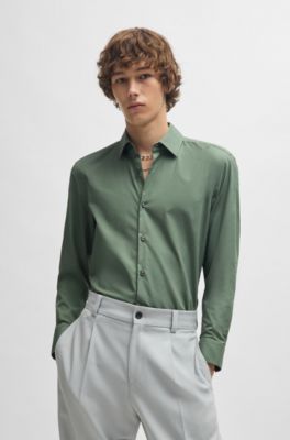 Slim-fit business shirt in cotton poplin, Light Green