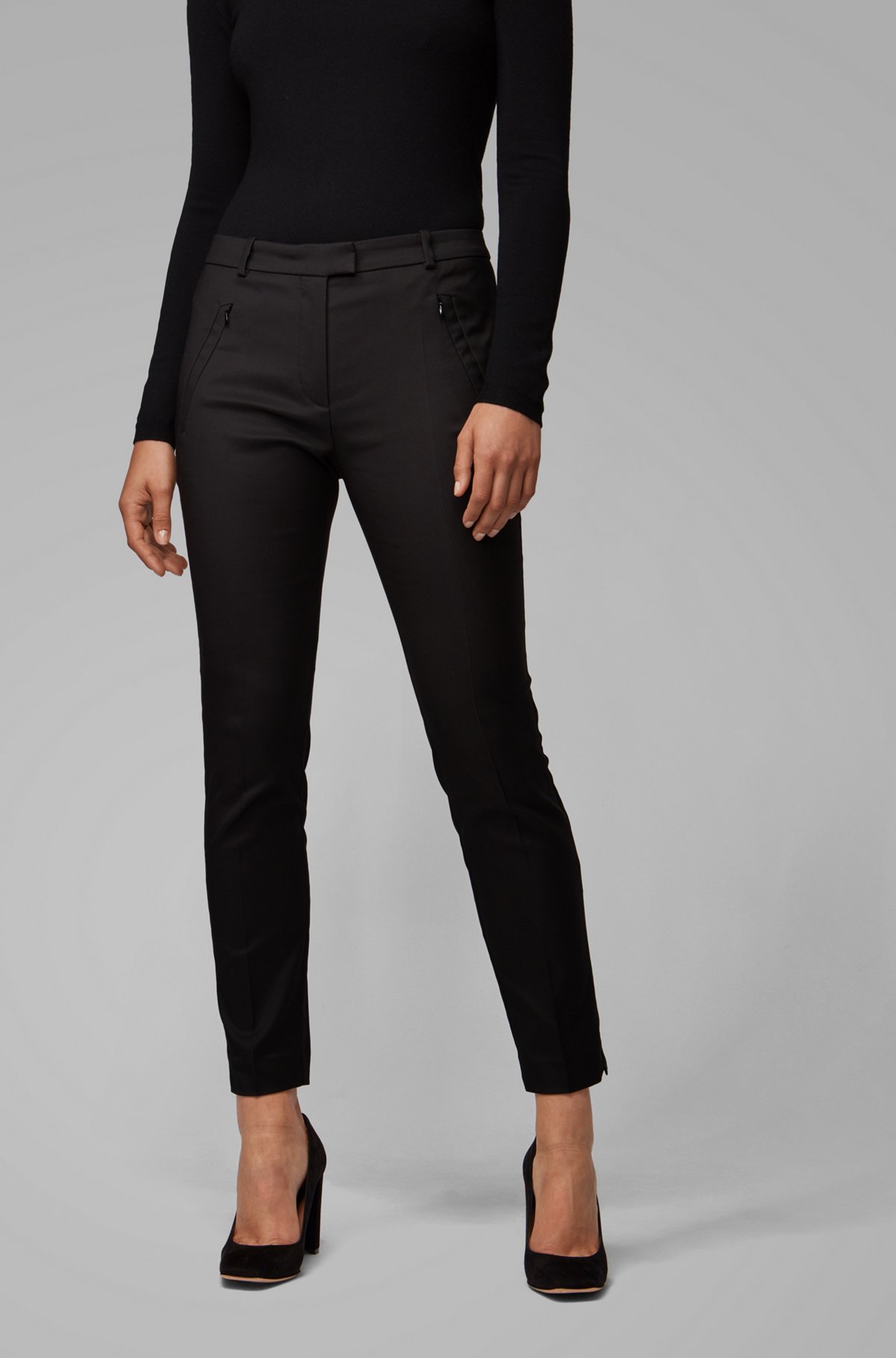 BOSS - Cropped slim-fit trousers with zipped hems - Black BOSS - Cropped slim-fit trousers with zipped hems - Black