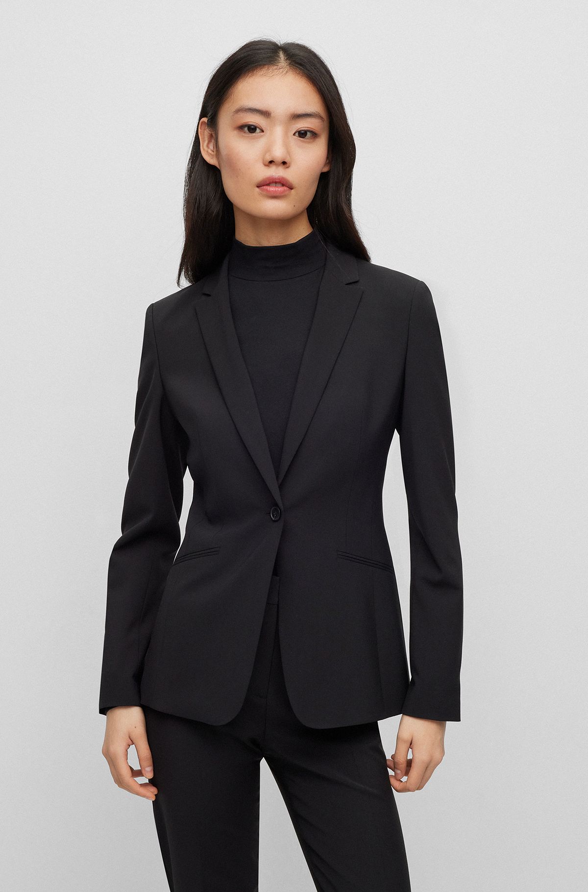 Regular-fit jacket in stretch wool with curved lapels, Black