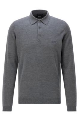 Knit polo sweater in virgin wool, Grey