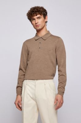 Hugo Boss Merino Slim-fit Sweater With Polo Collar In Khaki