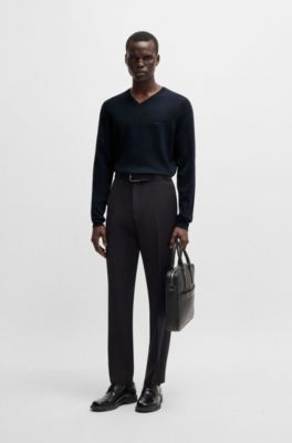 Regular-fit V-neck sweater in extra-fine merino wool, Dark Blue