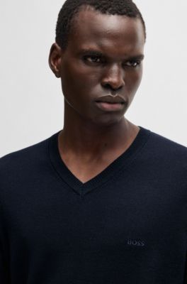 Regular-fit V-neck sweater in extra-fine merino wool, Dark Blue