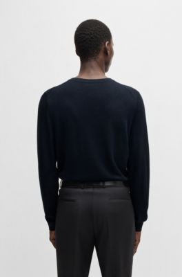 Regular-fit V-neck sweater in extra-fine merino wool, Dark Blue