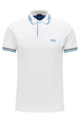 Slim-fit stretch-cotton polo shirt with contrast tipping, Natural