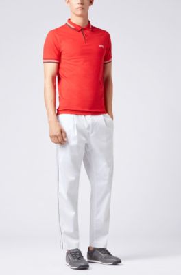 Slim-fit stretch-cotton polo shirt with contrast tipping, Open Red