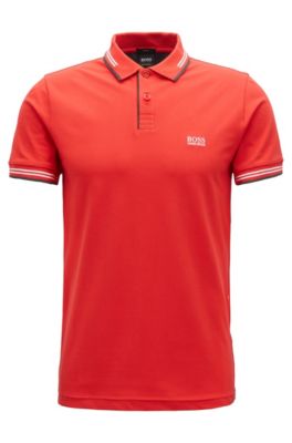 Slim-fit stretch-cotton polo shirt with contrast tipping, Open Red