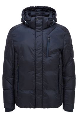 BOSS Mixed material hooded jacket with logo badge Dark Blue