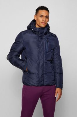 Hugo Boss Mixed-material Hooded Jacket With Logo Badge In Dark Blue