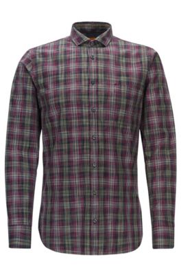 Plaid Cotton Button Down Shirt, Slim Fit | Cattitude, Open Red