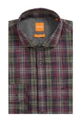 Plaid Cotton Button Down Shirt, Slim Fit | Cattitude, Open Red