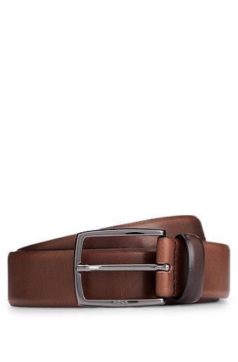 Italian-leather belt with polished gunmetal buckle, Dark Brown