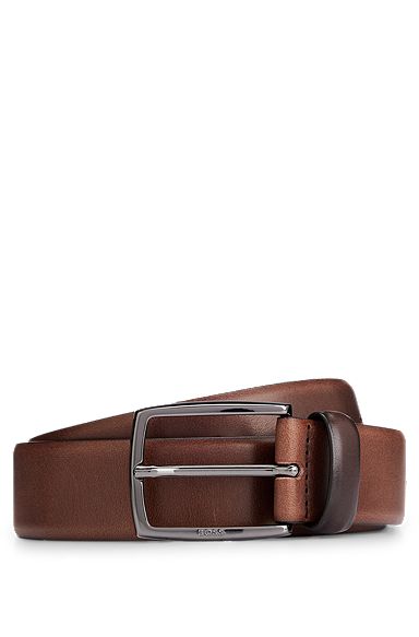 Italian-leather belt with polished gunmetal buckle, Dark Brown