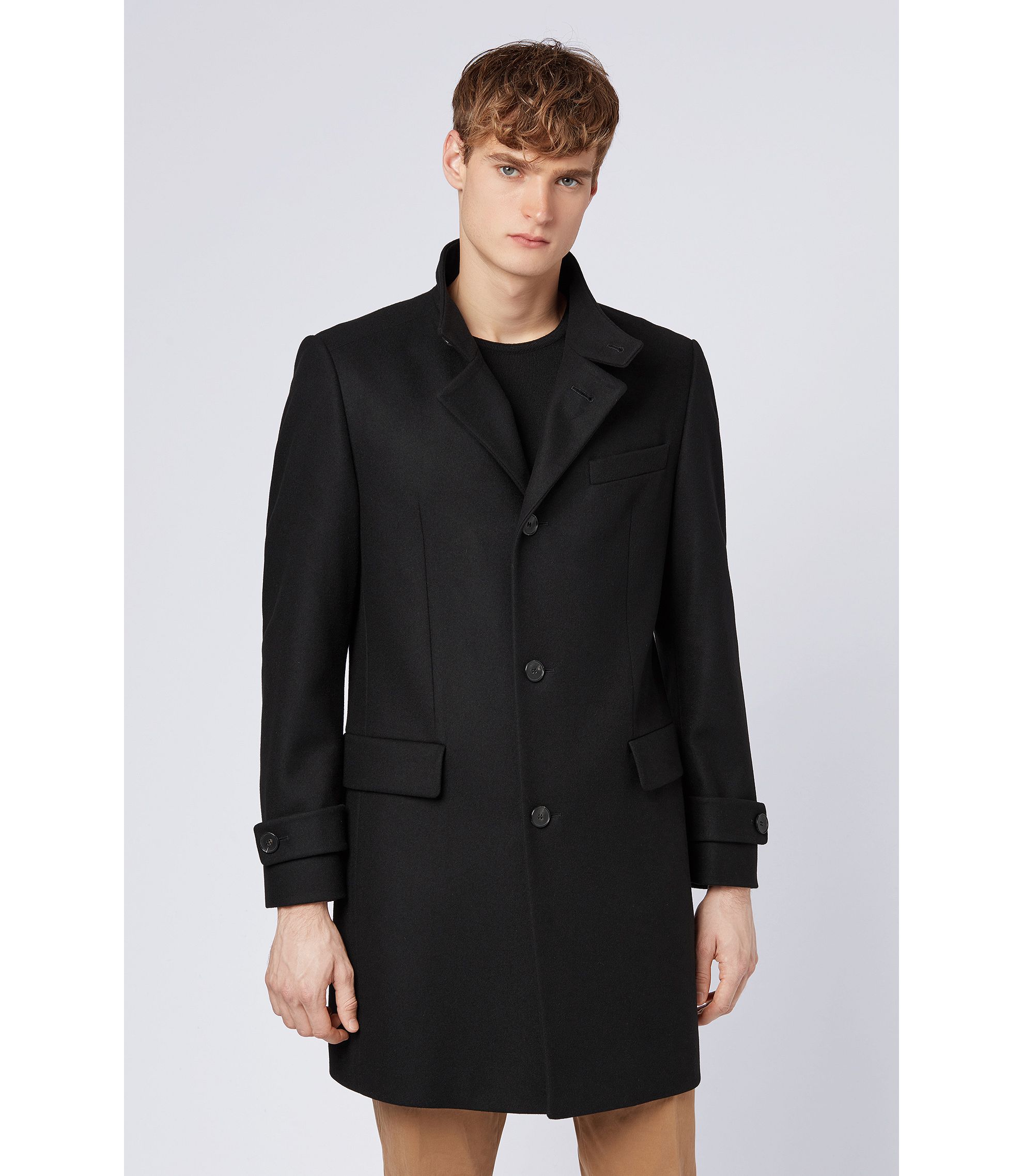 BOSS - Long-length coat in a virgin-wool blend - Black BOSS - Long-length coat in a virgin-wool blend - Black