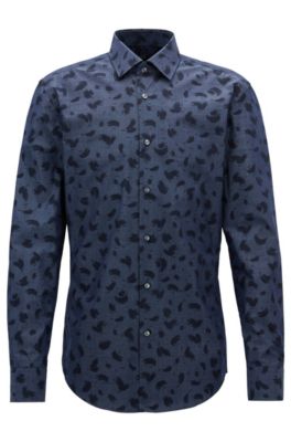 Brush-Print Cotton Dress Shirt, Slim Fit | Jenno, Dark Blue