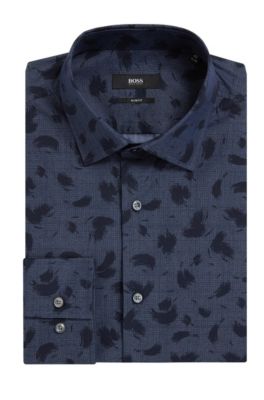 Brush-Print Cotton Dress Shirt, Slim Fit | Jenno, Dark Blue
