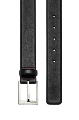 Grained-leather belt with polished-silver-hardware logo , Black