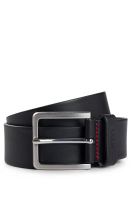 Hugo Grainy Embossed Leather Belt With Brushed Metal Hardware In Black