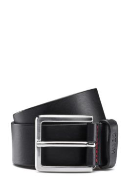 Grainy embossed-leather belt with brushed metal hardware, Black