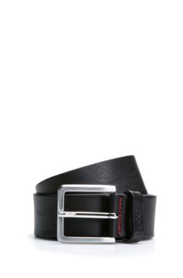 Grainy embossed-leather belt with brushed metal hardware, Black
