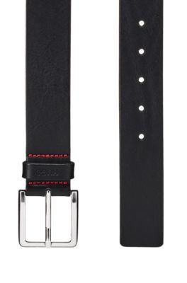 Grainy embossed-leather belt with brushed metal hardware, Black