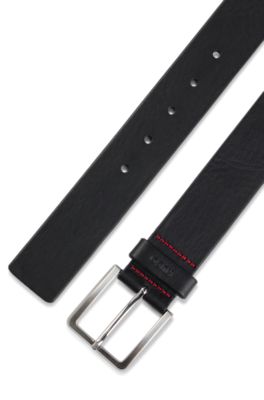 Grainy embossed-leather belt with brushed metal hardware, Black