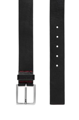 Grainy embossed-leather belt with brushed metal hardware, Black