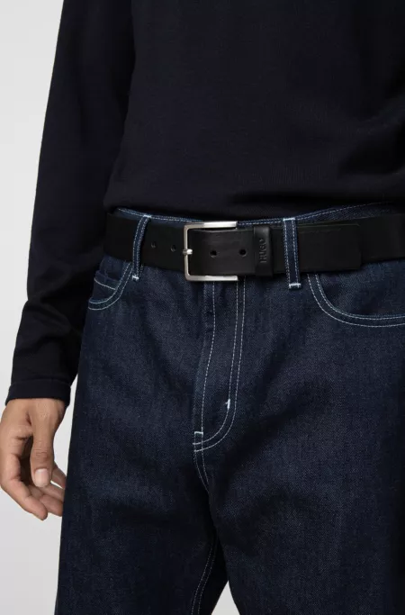 Grainy embossed-leather belt with brushed metal hardware