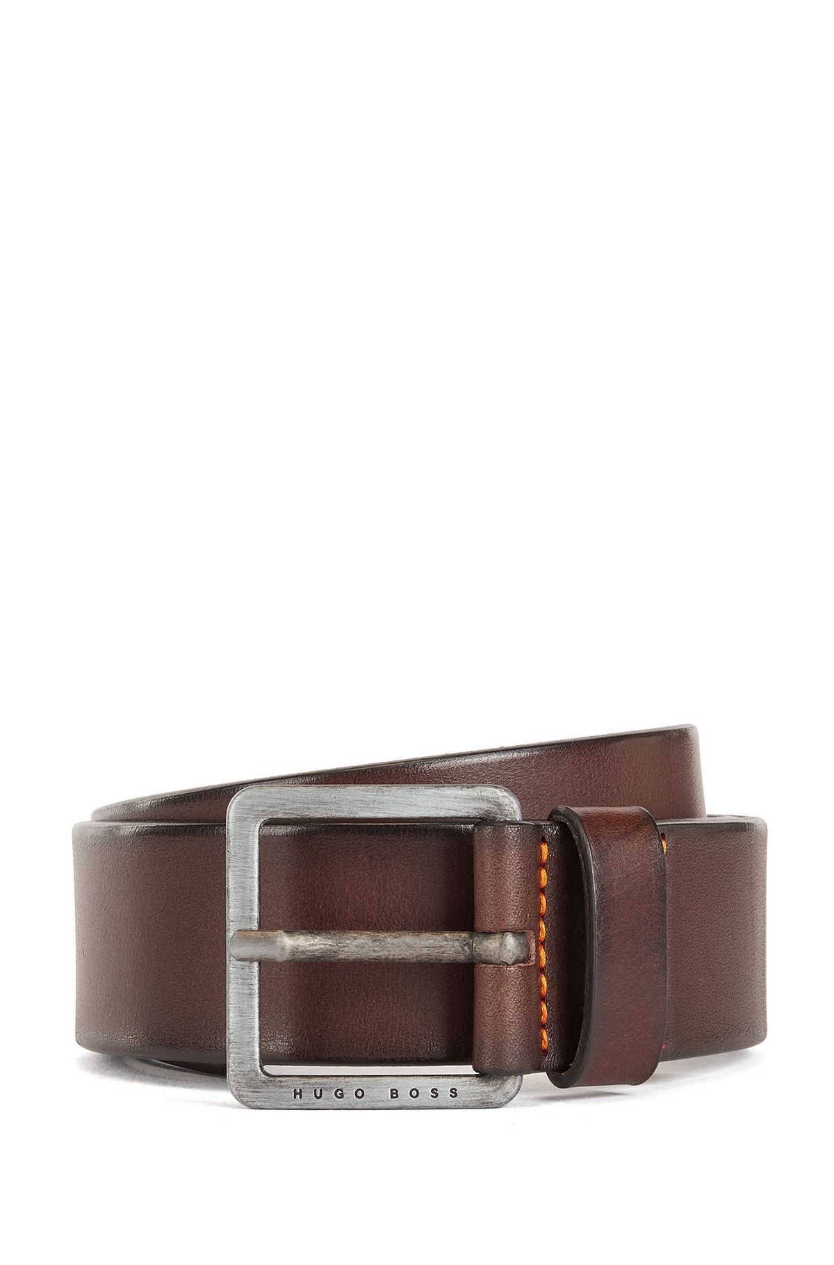 Smooth-leather belt with brushed-effect buckle, Dark Brown