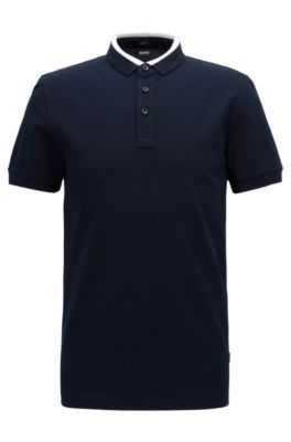 Slim-fit polo shirt in cotton piqu&eacute; with colorblock collar, Open Blue