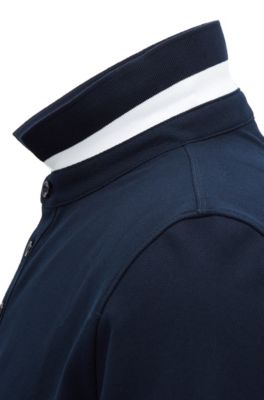 Slim-fit polo shirt in cotton piqu&eacute; with colorblock collar, Open Blue
