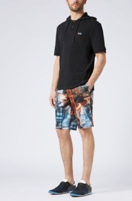 Relaxed-fit polo shirt in cotton piqu&eacute; with hood, Black