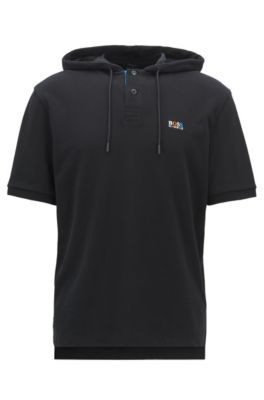 Relaxed-fit polo shirt in cotton piqu&eacute; with hood, Black
