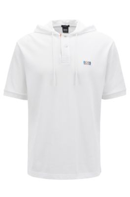 Relaxed-fit polo shirt in cotton piqu&eacute; with hood, White