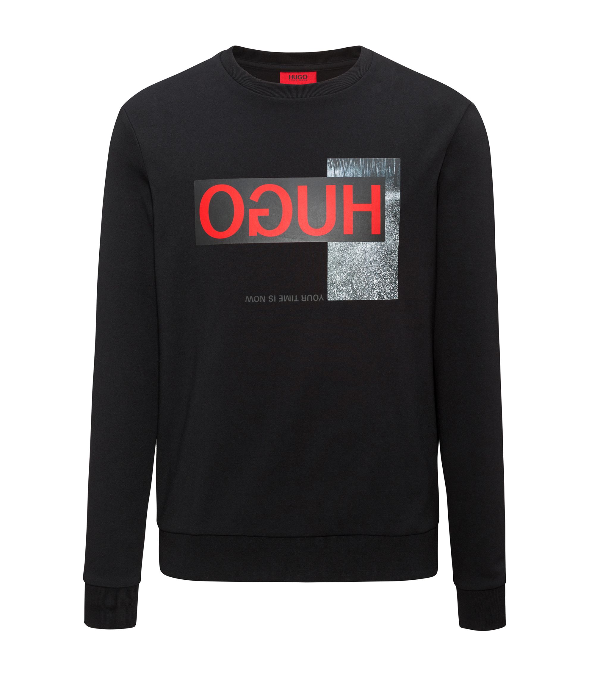 HUGO - Regular-fit sweatshirt in interlock cotton with reverse 