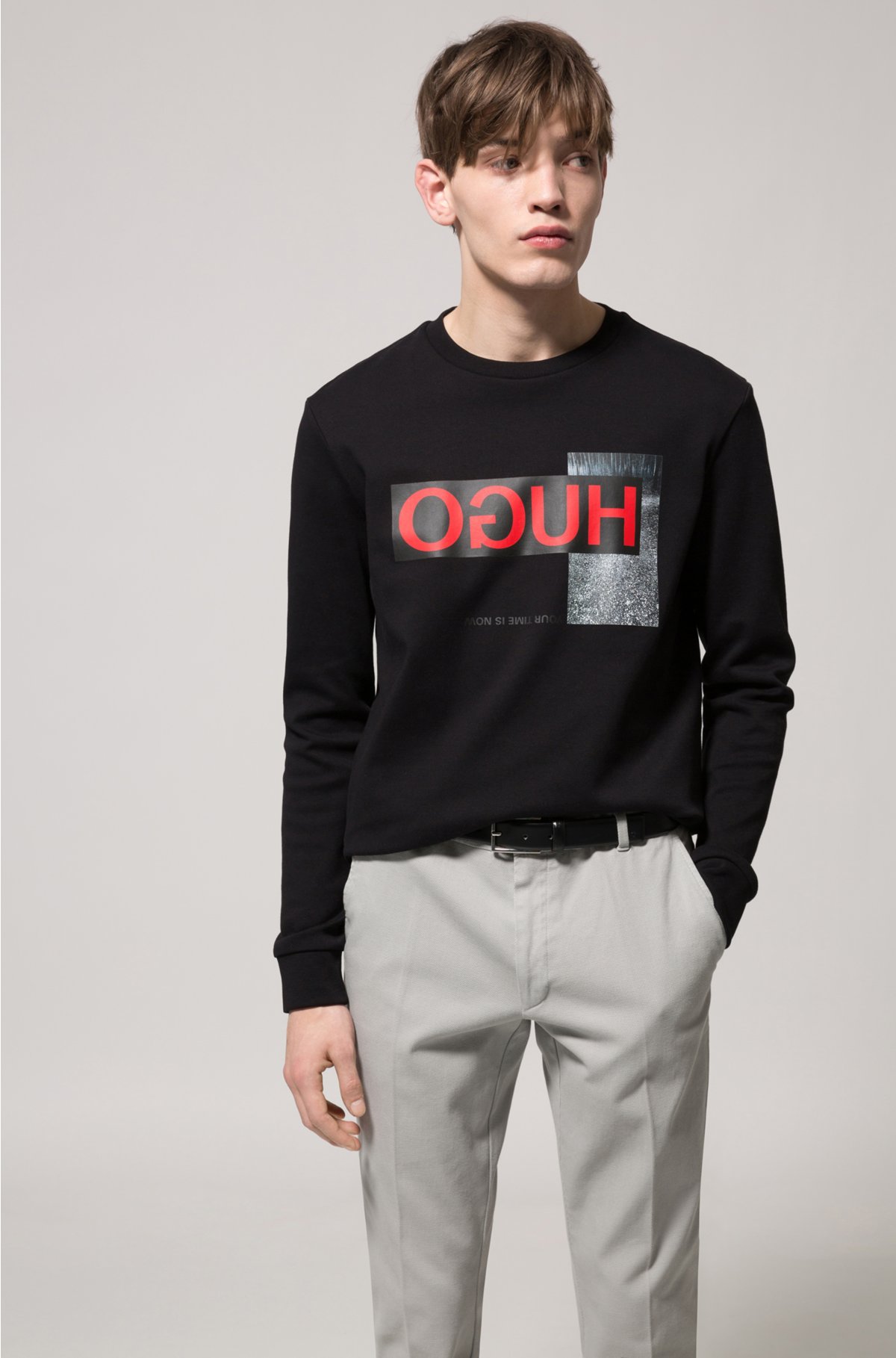 HUGO - Regular-fit sweatshirt in interlock cotton with reverse logo