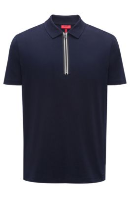 Polo shirt in interlock cotton with contrast zipper detail, Dark Blue