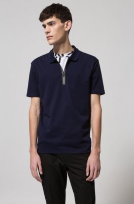 Polo shirt in interlock cotton with contrast zipper detail, Dark Blue