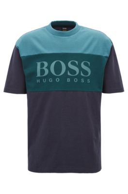 Boxy fit logo T-shirt in color-block cotton, Dark Blue