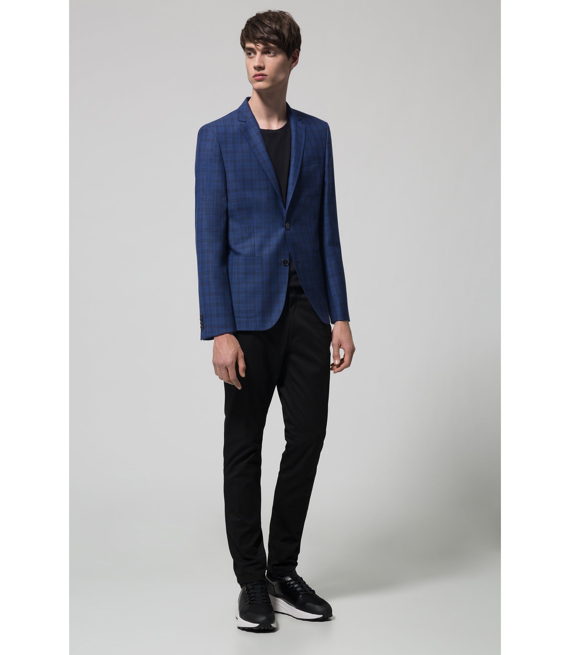 HUGO - Regular-fit blazer in checkered virgin wool - Dark Blue