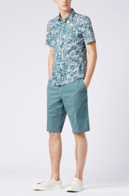 Floral-print slim-fit shirt in washed cotton, Dark Green