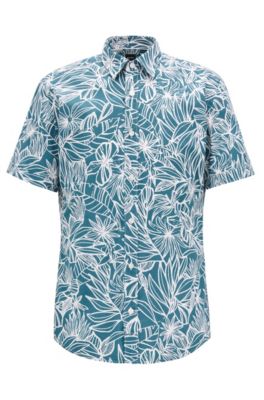 Floral-print slim-fit shirt in washed cotton, Dark Green