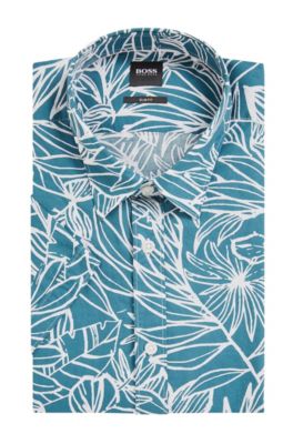 Floral-print slim-fit shirt in washed cotton, Dark Green