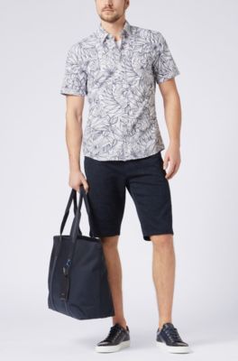 Floral-print slim-fit shirt in washed cotton, Open Blue