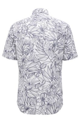 Floral-print slim-fit shirt in washed cotton, Open Blue