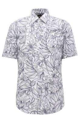 BOSS - Floral-print slim-fit shirt in washed cotton