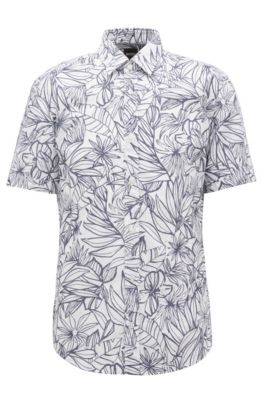 Floral-print slim-fit shirt in washed cotton, Open Blue