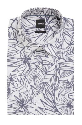 Floral-print slim-fit shirt in washed cotton, Open Blue