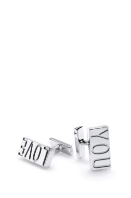 Rectangular &lsquo;Love You&rsquo; cufflinks in polished metal, Silver